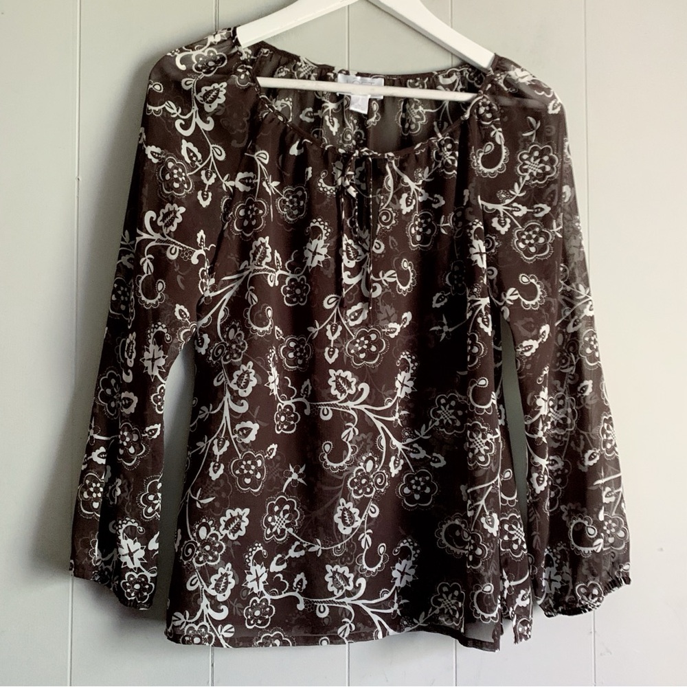 Loft Petites Semi Sheer Brown Floral Tunic Top 6P